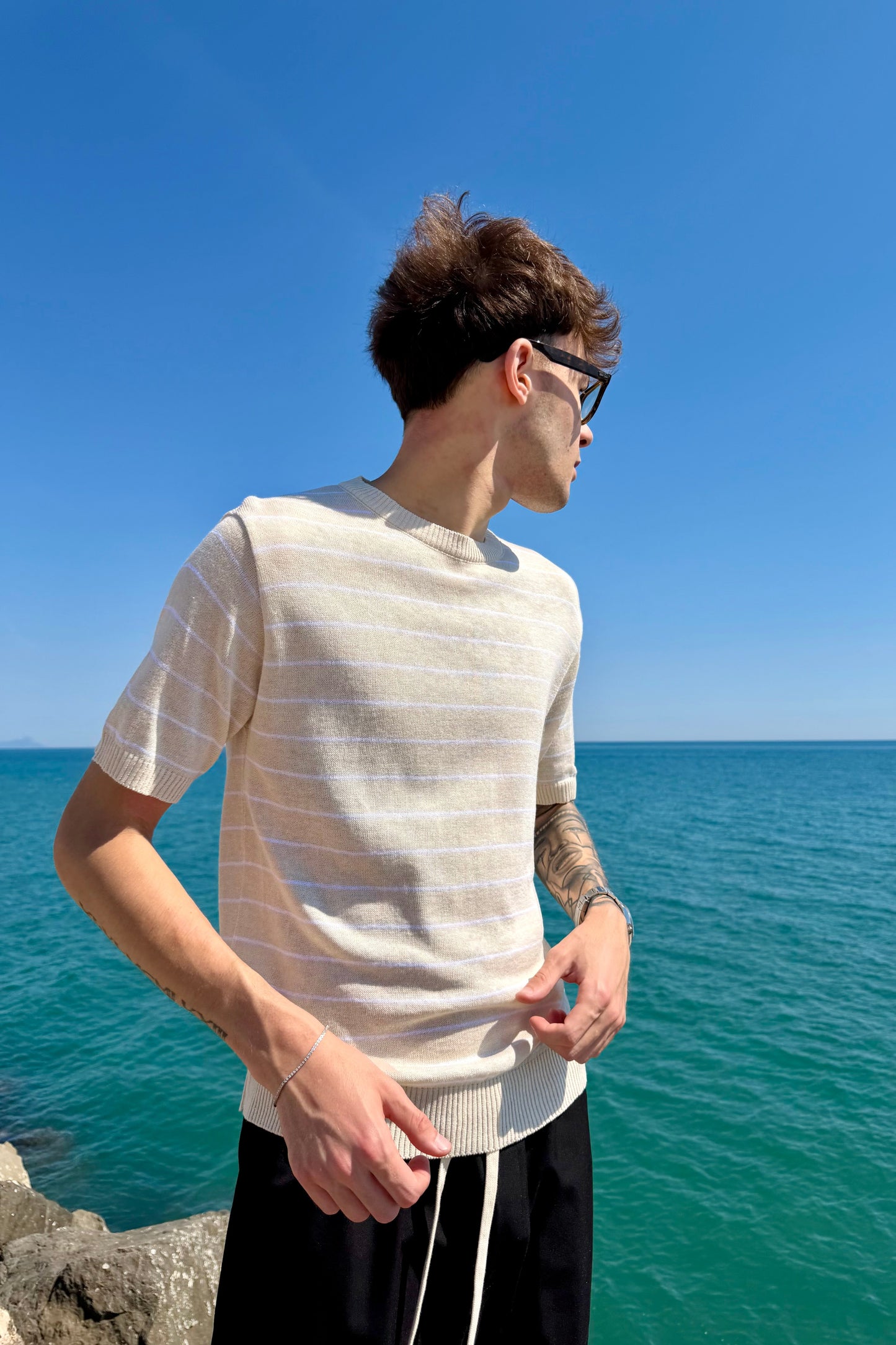 T-Shirt In Filo A Righe Beige