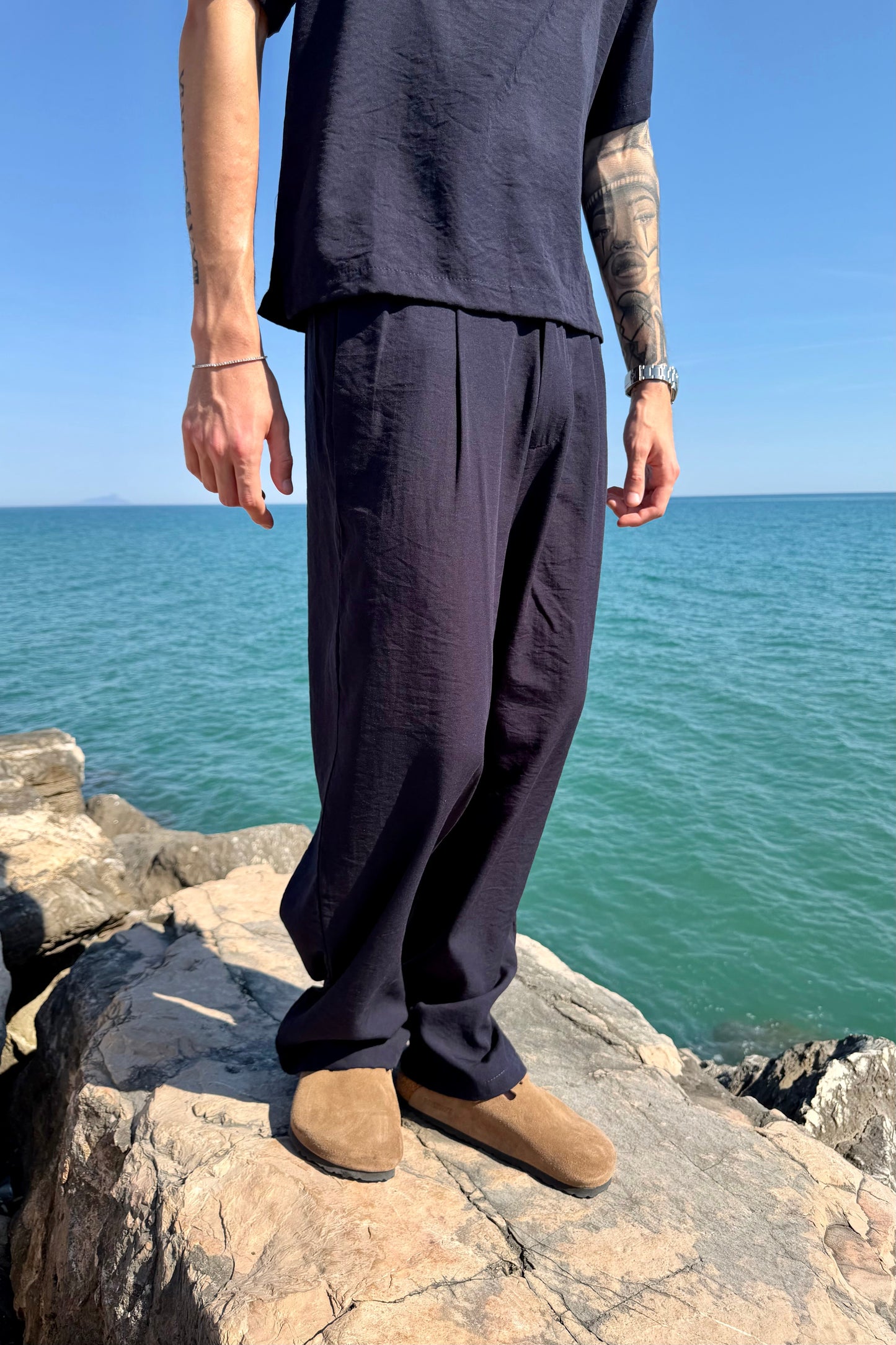 Pantalone Cancún In Lino Blu Notte