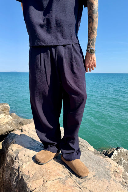 Pantalone Cancún In Lino Blu Notte