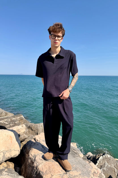 Pantalone Cancún In Lino Blu Notte
