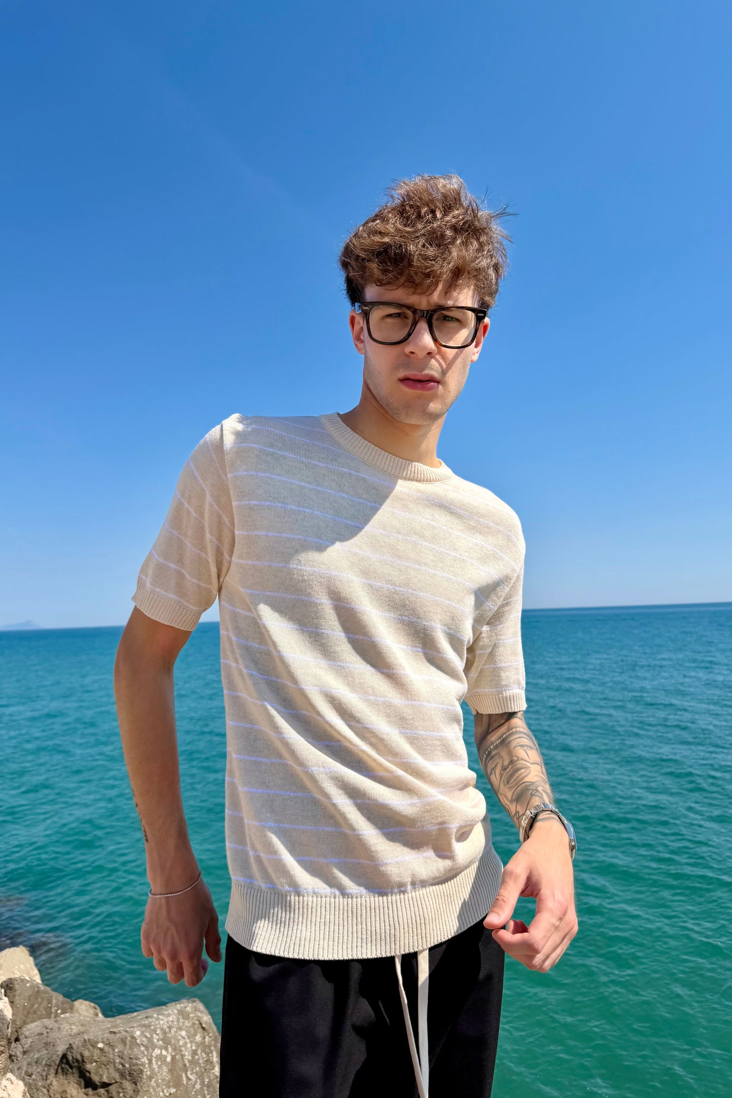 T-Shirt In Filo A Righe Beige