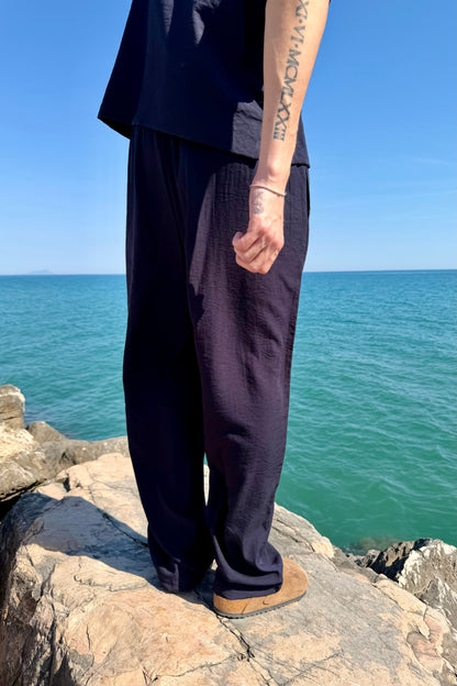 Pantalone Cancún In Lino Blu Notte