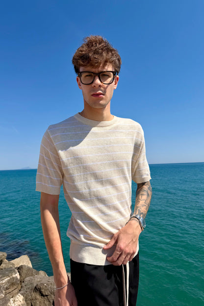 T-Shirt In Filo A Righe Beige