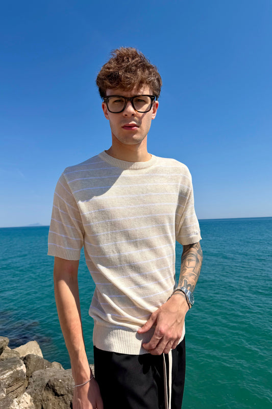 T-Shirt In Filo A Righe Beige