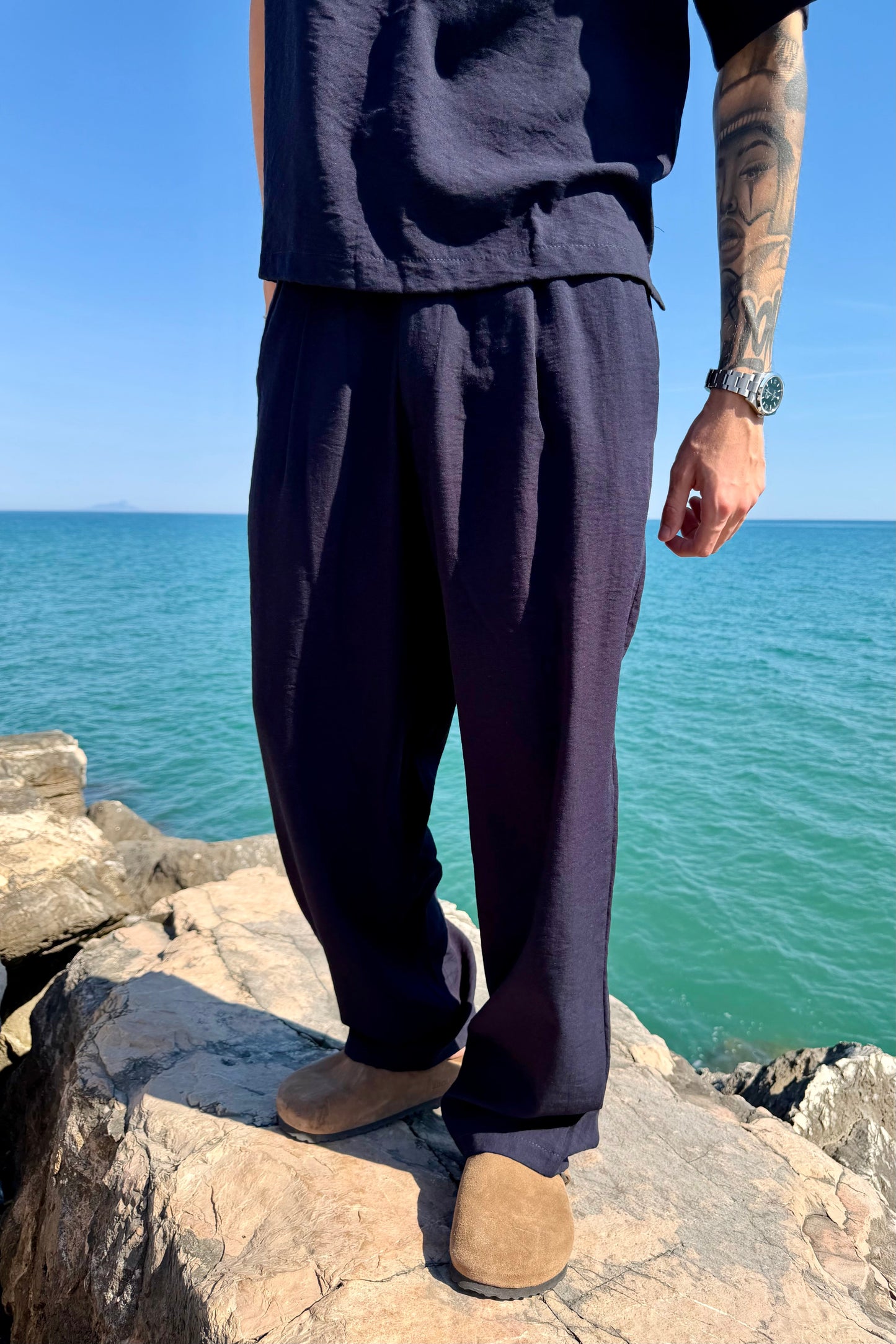 Pantalone Cancún In Lino Blu Notte