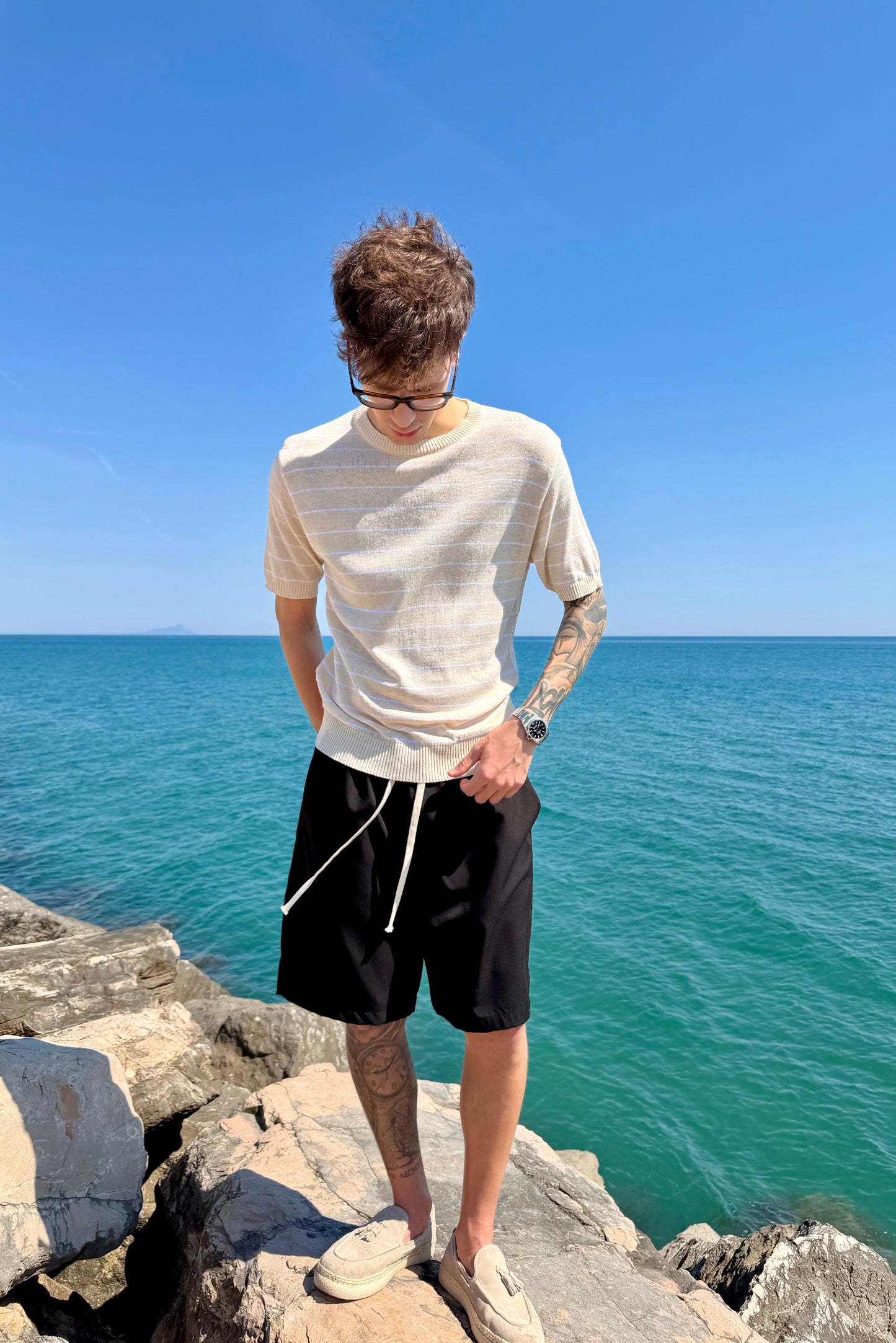 T-Shirt In Filo A Righe Beige