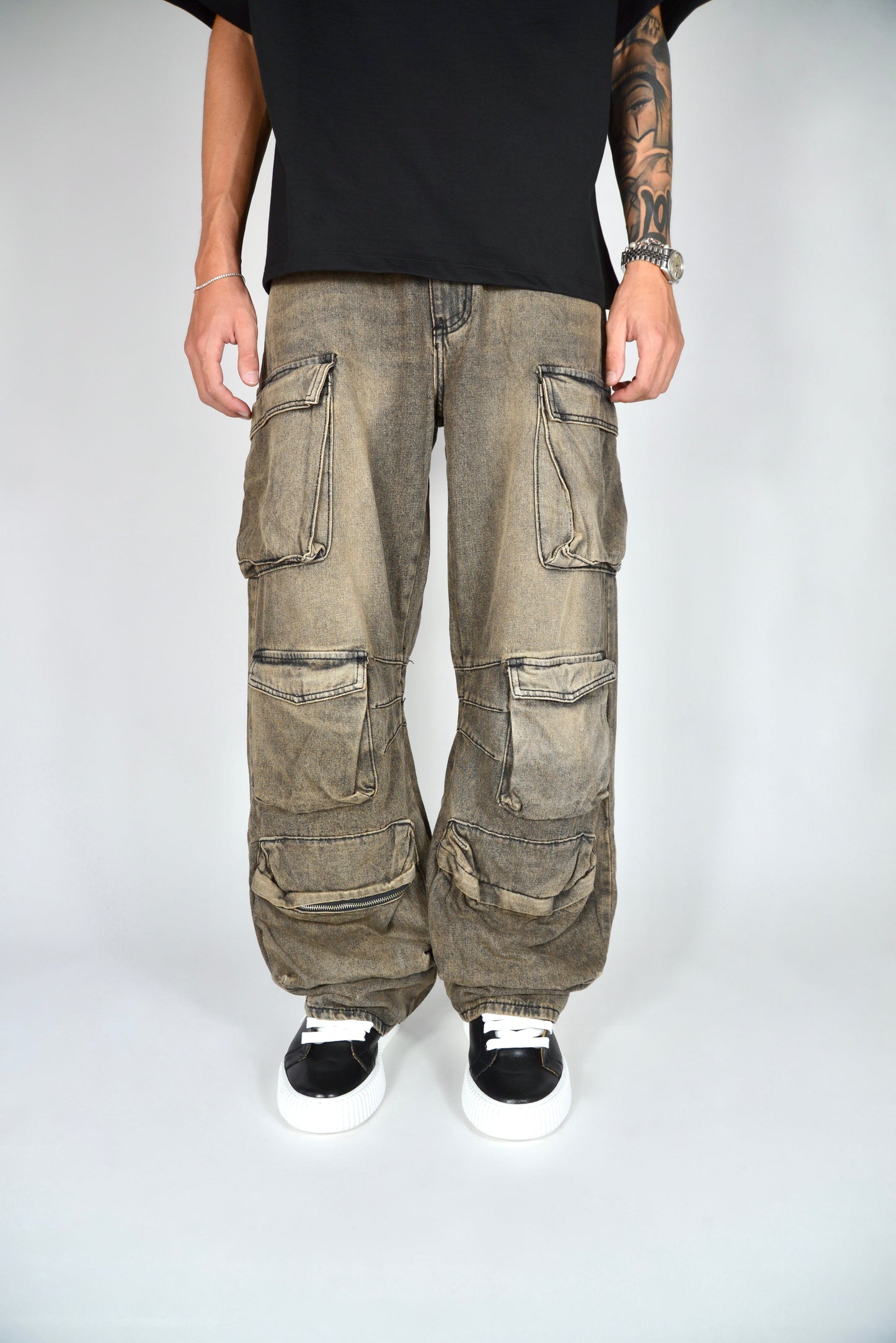 Jeans Cargo Multipocket Baggy Fit Sabbiato