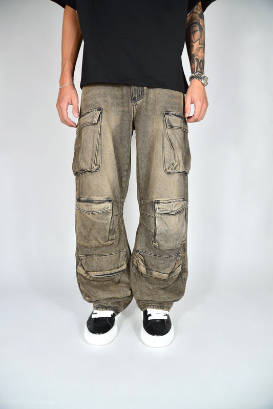 Jeans Cargo Multipocket Baggy Fit Sabbiato